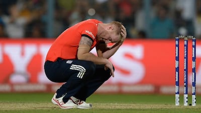 Ben Stokes of England reacts after being hits for six runs in the final over during the ICC World Twenty20 India 2016 Final between England and the West Indies at Eden Gardens on April 3, 2016 in Kolkata, India. (Photo by Gareth Copley/Getty Images)