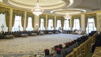 Sheikh Mohammed bin Zayed addresses a group of one hundred and fifty women representing local and federal government entities, Abu Dhabi Police and the Armed Forces on the occasion of Emirati Women’s Day, during a Sea Palace barza. Mohamed Al Hammadi / Crown Prince Court - Abu Dhabi