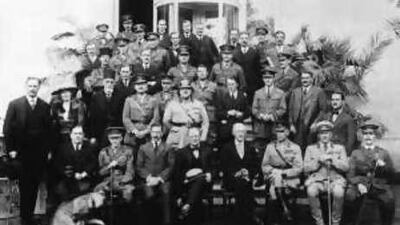 The usual suspects: The Mespot Commission at the Cairo Conference, 1921. The group was set up by Winston Churchill (centre front row) to discuss the future of the Arab nations with the likes of Gertrude Bell (second from left, second row) and TE Lawrence (fourth from the right, second row).