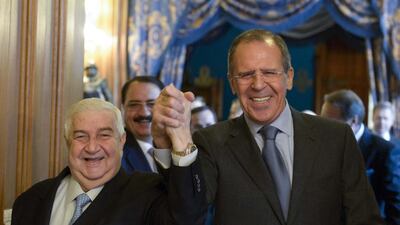 The Syrian foreign minister, Walid Al Muallem, left, and his Russian counterpart Sergei Lavrov meet for talks in Moscow on January 17. Reuters