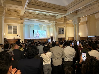 Dr Ghassan Abu Sitta speaks at a Nakba Day event in London. Lemma Shehadi / The National