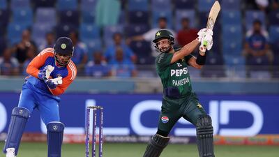 Pakistan opener Sahibzada Farhan during the Asia Cup match against India at the Dubai International Stadium. Chris Whiteoak / The National