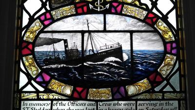 A stained glass window in memory of a sunken fishing vessel is seen inside the Fisherman’s and Seaman’s Memorial Chapel in Grimsby. Phil Noble / Reuters