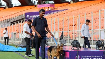 A security dog at the Narendra Modi Stadium in Ahmedabad. Reuters