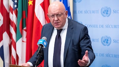 Russian ambassador to the UN Vasily Nebenzya speaks to reporters in New York. Reuters