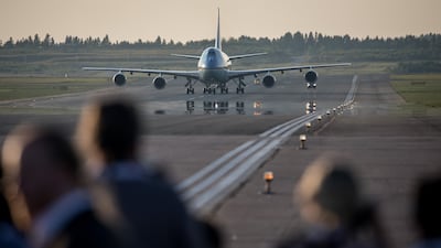 Air Force One arrives with President Donald Trump and Melania Trump at Helsinki International Airport on July 15, 2018. Mr Trump was visiting Finland for talks with Russian President Vladimir Putin.