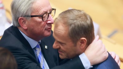 European Council President Donald Tusk and Juncker talk before the summit. Reuters