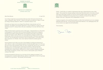 A copy of the resignation letter shared by Dominic Raab on Twitter, dated April 21. Photo: Twitter