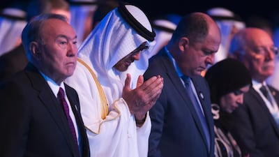 Sheikh Mohammed bin Zayed, Crown Prince of Abu Dhabi and Deputy Supreme Commander of the Armed Forces, on the opening day of Abu Dhabi Sustainability Week at the Abu Dhabi National Exhibition Centre, observes a minute’s silence in tribute to the five Emirati diplomats who were killed in a bombing in Afghanistan. Wam
