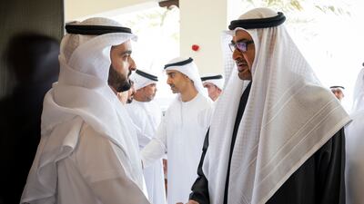 President Sheikh Mohamed offers condolences to family and friends of Salem Issa Al Qattam Al Zaabi at a majlis in Abu Dhabi. Photo: UAE Presidential Court