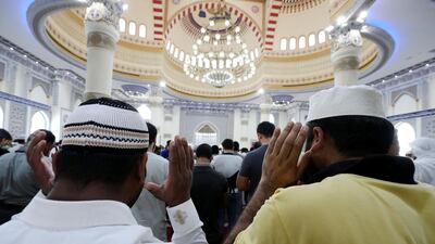 Friday prayers at Al Farooq Omar Bin Al Khattab Mosque in Dubai. Manar Al Hinai says many of her Muslim friends pray more, give more and present the best versions of those themselves during Ramandan.Chris Whiteoak / The National
