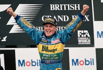 Johnny Herbert after winning the British Grand Prix at SIlverstone with Benetton. Getty