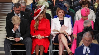 UK Prime Minister Boris Johnson, his wife Carrie Johnson, Foreign Secretary Liz Truss and Home Secretary Priti Patel at St Paul's Cathedral, London, during Queen Elizabeth II's Platinum Jubilee celebrations on Friday. AP Photo