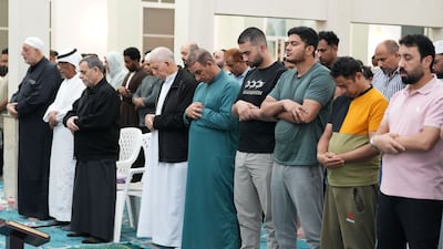 Morning prayers on the first day of Ramadan at Sheikh Hazza bin Sultan mosque in Abu Dhabi. Pawan Singh for The National