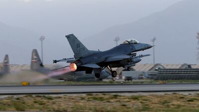 A US F-16 fighter plane takes off from Bagram Air Base, which is being returned to the Afghan government. Reuters