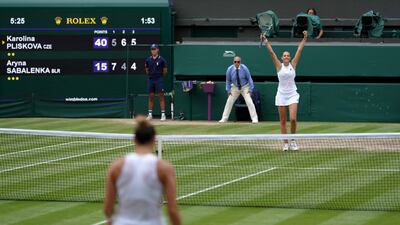 Karolina Pliskova celebrates victory against Aryna Sabalenka.