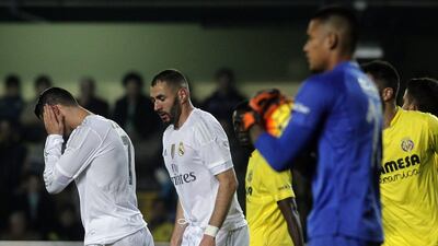 Cristiano Ronaldo, left, and Karim Benzema, centre, could not find a way past the Villarreal defence. Jose Jordan / AFP