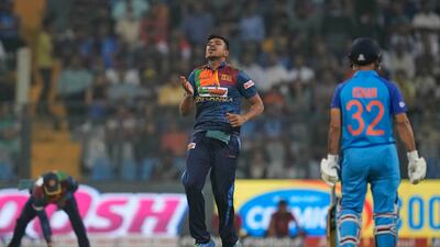 Sri Lanka's Maheesh Theekshana celebrates the wicket of India's Shubman Gill. AP