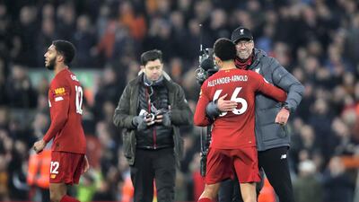 December 29, 2019, Liverpool 1 Wolves 0: Jurgen Klopp and Trent Alexander-Arnold at the end of another win at Anfield. Getty