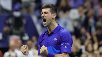 Novak Djokovic celebrates after beating Alexander Zverev in the US Open semi-finals on Friday night. AFP