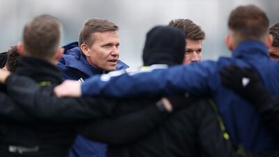 Jesse Marsch, who has replaced the sacked Marcelo Bielsa as manager of Leeds United, speaks to the players as he leads a training session at Thorp Arch Training Ground on March 3, 2022. Getty