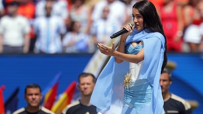Maria Becerra sings the Argentinian national anthem ahead of the FIFA World Cup 2026 final match Spain against Argentina, in New Jersey, USA, 19 July 2026. EPA / CHRISTOPHER NEUNDORF