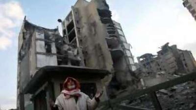 A Palestinian stands amid the rubble of the destroyed ministry compound which was targeted by an Israeli air strike yesterday.