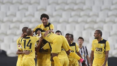 Al Wasl players celebrate Hugo Viana's goal against Al Jazira. Courtesy: Al Ittihad