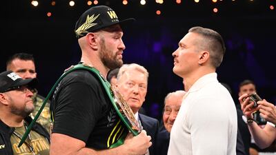 Tyson Fury and Oleksandr Usyk face off in the ring after Fury's win over Francis Ngannou. Getty