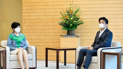 Japanese Prime Minister Shinzo Abe, left, with Tokyo governor Yuriko Koike at the prime minister's office in Tokyo. AP