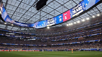 An LED screen displays the match attendance of 70,492 during the World Cup Group D match between co-hosts USA and Paraguay at the Los Angeles Stadium. AFP