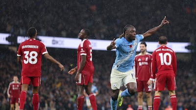 Jeremy Doku celebrates scoring his Manchester City's third goal. Getty Images