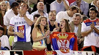 Serbian fans show their support for Djokovic in the semi final against Federer.