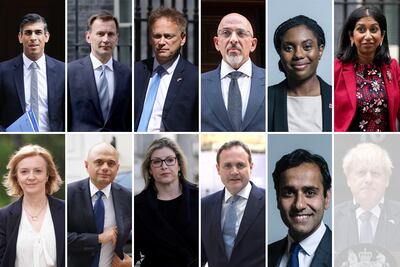 Clockwise from top left: Rishi Sunak, Jeremy Hunt, Grant Shapps, Nadhim Zahawi, Kemi Badenoch, Suella Braverman, Boris Johnson, Rehman Chishti, Tom Tugendhat, Penny Mordaunt, Sajid Javid and Liz Truss. PA / Reuters / UK Parliament
