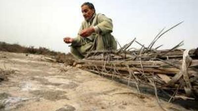 Mohamed Hamid, a farmer shows the salt in his infertile aland in the Nile region of Rosetta.