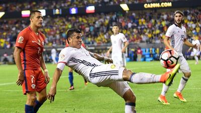 Colombia's Marlos Moreno kicks the ball during a Copa America Centenario semifinal football match against Chile in Chicago, Illinois, United States, on June 22, 2016. / AFP / ALFREDO ESTRELLA