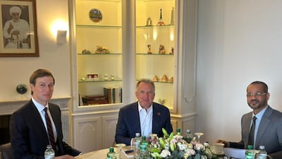 Oman's Foreign Minister Badr Al Busaidi, right, with US representatives Jared Kushner and Steve Witkoff in Geneva. Photo: Foreign Ministry of Oman / X