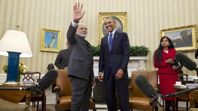 Indian prime minister Narendra Modi and US president Barack Obama in the Oval Office yesterday. Mr Obama lauded Mr Modi for focusing on economic growth and addressing the needs of the “poorest of the poor”. Evan Vucci / AP Photo