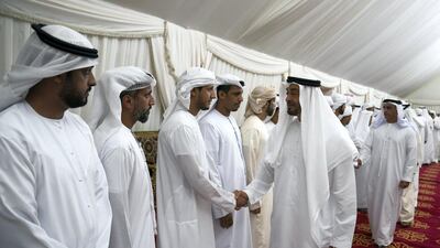 Sheikh Mohamed bin Zayed offers condolences for Warrant Officer Zayed Mosalam Suhail Al Amri. Seen with Sheikh Saif bin Zayed, UAE Deputy Prime Minister and Minister of Interior. Hamad Al Kaabi / Ministry of Presidential Affairs