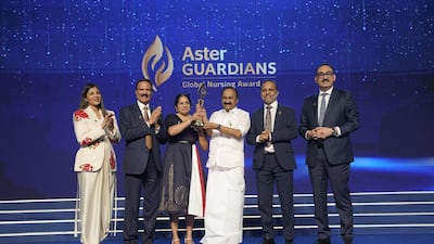 Dr Agimol Pradeep receives the Aster Guardians Global Nursing Award 2026. Photo: Aster DM Healthcare