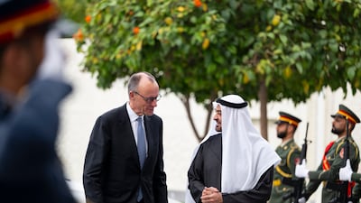 President Sheikh Mohamed meets Friedrich Merz, Chancellor of Germany, at Al Shati Palace in Abu Dhabi. Abdulla Al Bedwawi / UAE Presidential Court