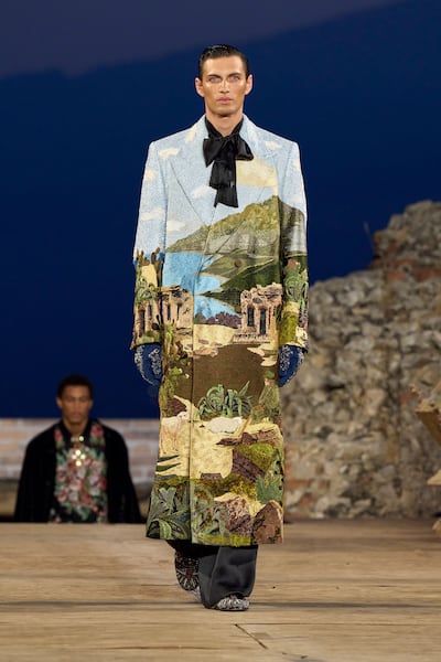 A coat hand-stitched with an image of Teatro Antico, the site of the Alta Sartoria 2026 show itself. Photo: Dolce & Gabbana