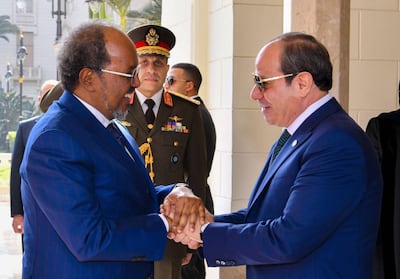 Egyptian President Abdel Fattah El Sisi, right, greets visiting Somali President Hassan Sheikh Mohamud in Cairo in February 2026. Photo: Egyptian Presidency