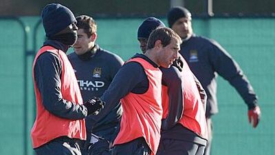 Pablo Zabaleta, centre, warms up in training as he prepares for tonight’s game against Red Bull Salzburg.