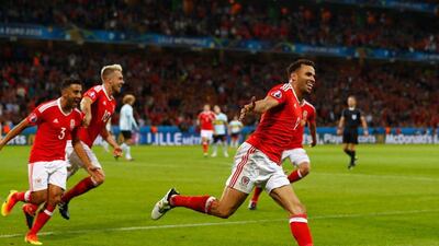 Hal Robson-Kanu celebrates scoring Wales’s second goal. Clive Rose / Getty Images
