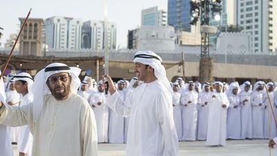 Sheikh Abdullah bin Zayed Al Nahyan Minister of Foreign Affairs (C), dances inside the grounds of Qasr Al Hosn fort on the opening day of the Qasr Al Hosn Festival 2015. Ryan Carter / Crown Prince Court - Abu Dhabi