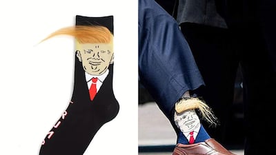 Add some presidential pizzazz with a pair of Donald Trump socks. Photos: Temu