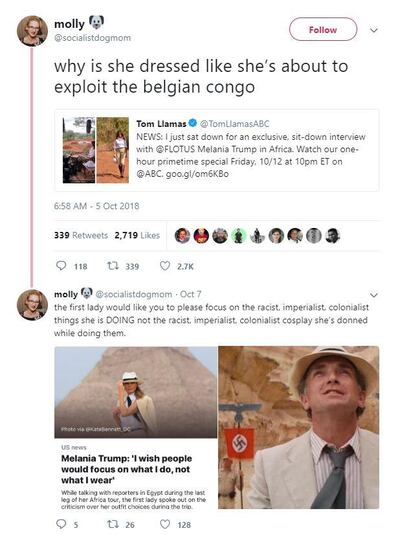 A Twitter user starts one of the many threads about Flotus' Africa wardrobe.