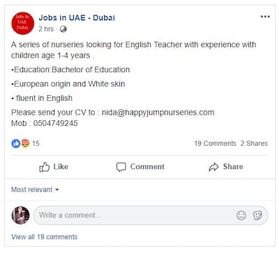 A job advert posted on a Facebook group looking for an English teacher with 'white skin'.