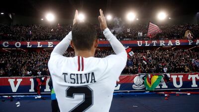 Thiago Silva celebrates after PSG's Champions League Group C victory against Liverpool at the Parc des Princes in November 2018. EPA